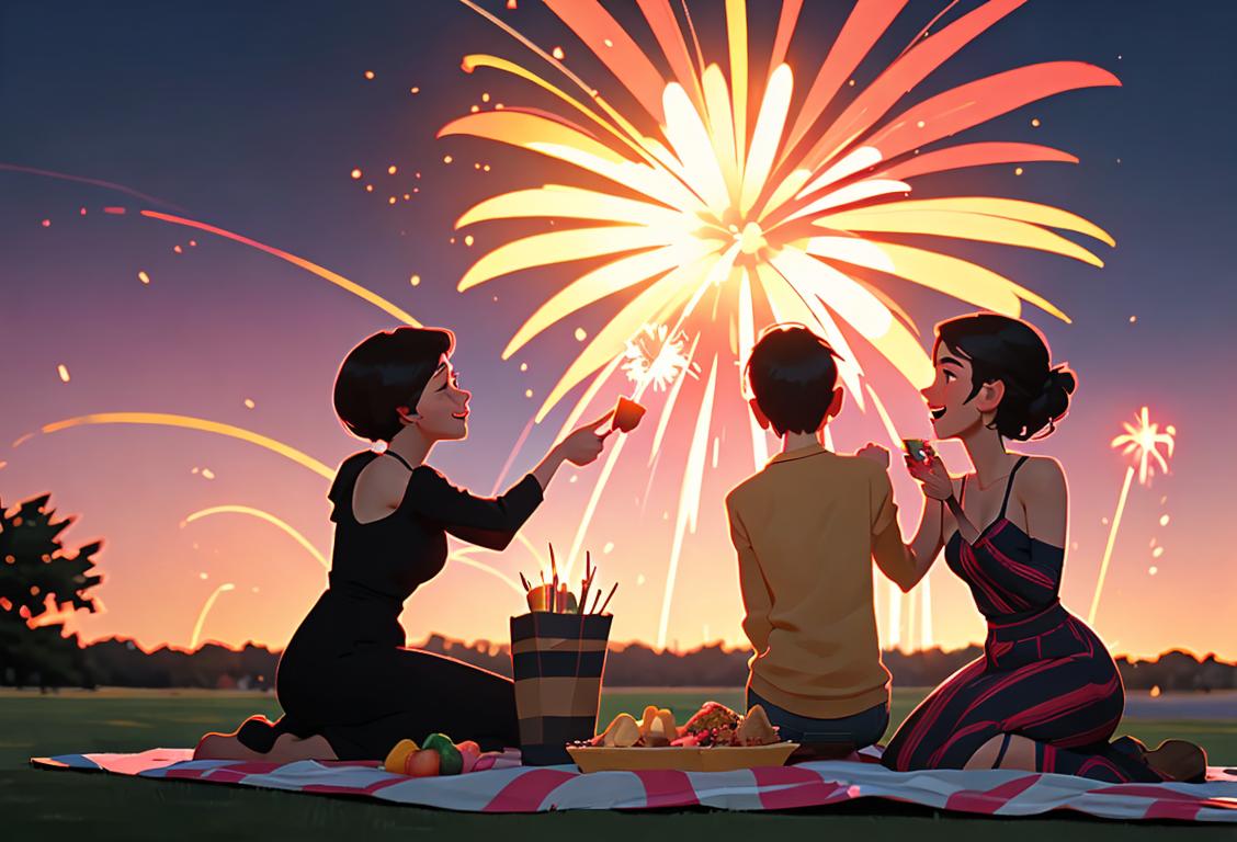 Group of people, picnic setup, sunset backdrop, excited expressions, sparklers in hand, celebrating National Firework Day..