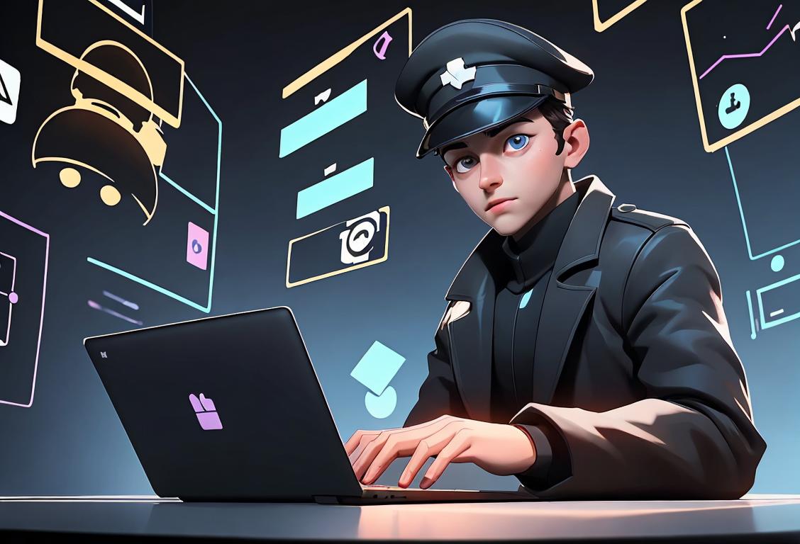A young person wearing a detective hat, typing on a laptop, surrounded by cybersecurity icons, with a backdrop of a futuristic virtual world..