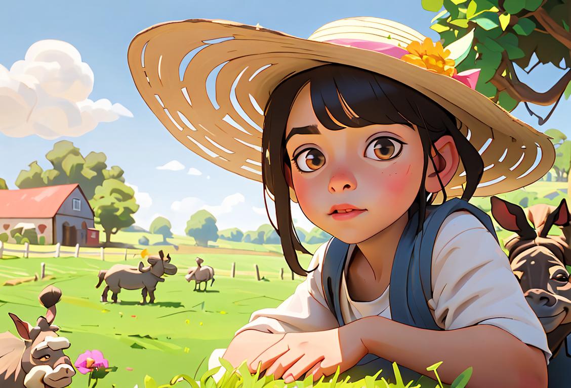 Cute child brushing a donkey's fur, wearing a straw hat, countryside farm setting, sunny day..