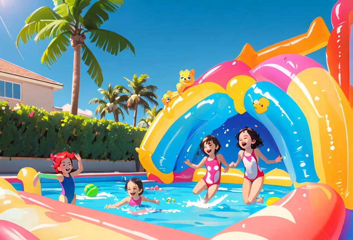 Young children happily splashing in a pool on a sunny day, wearing colorful swimsuits, surrounded by inflatable pool toys and palm trees..