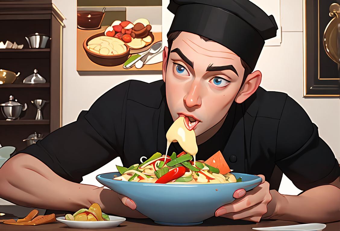 Young man wearing a chef hat, tasting a mouthwatering dish, surrounded by a diverse variety of culinary ingredients and utensils..