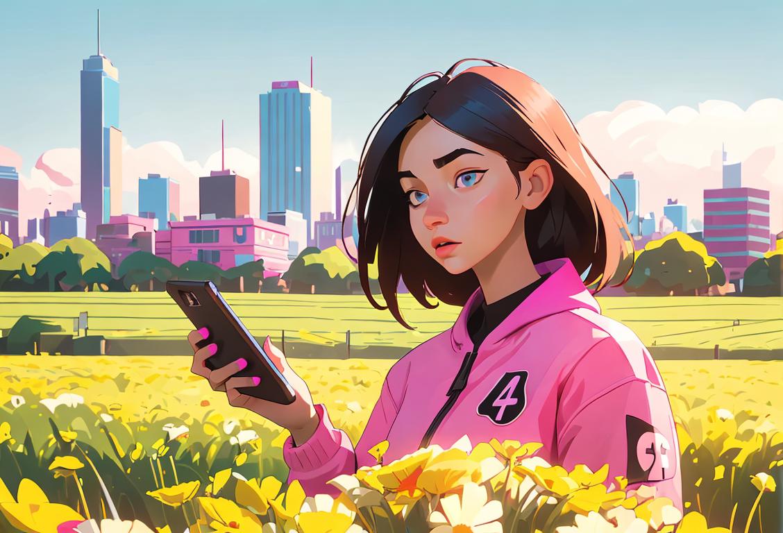 Young girl in a field, holding a smartphone, surrounded by hashtag symbols and digital icons, fashionable clothes, vibrant and colorful cityscape backdrop..