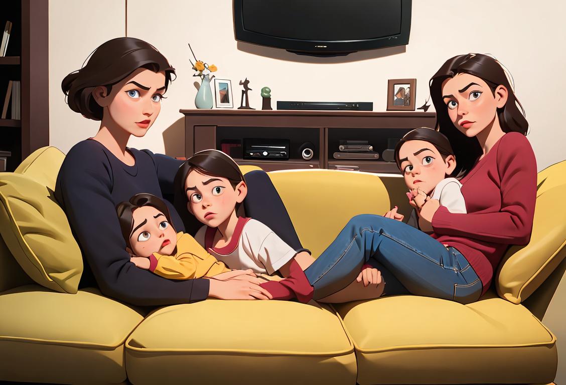 A family sitting on a couch, dressed in retro outfits, watching their favorite TV show on the last day of the year..