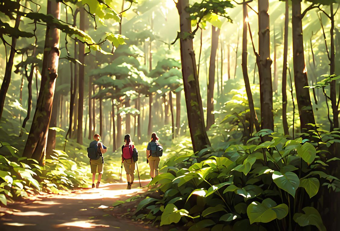 Group of diverse people, wearing outdoor clothing, hiking through a lush national forest with sunlight filtering through the trees..