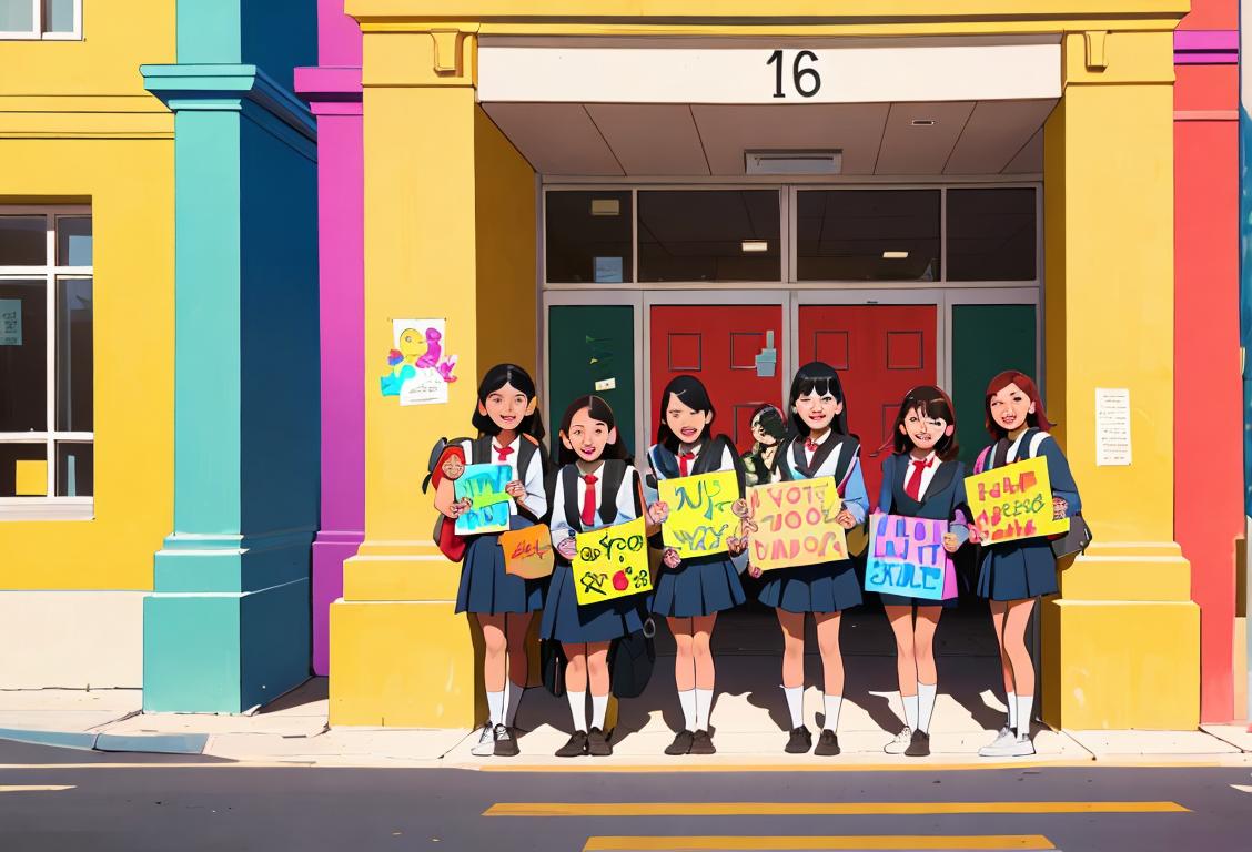 Cheerful group of diverse students holding colorful signs, wearing backpacks, in front of a school building decorated with educational motifs..