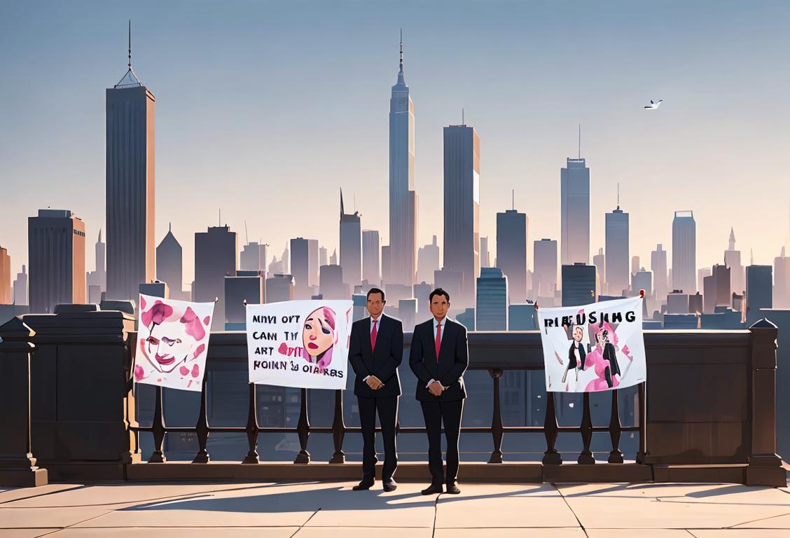 A diverse group of people, dressed in business attire, carrying banners with empowering messages, standing against a city skyline, raising awareness for National Trafficking Awareness Day..