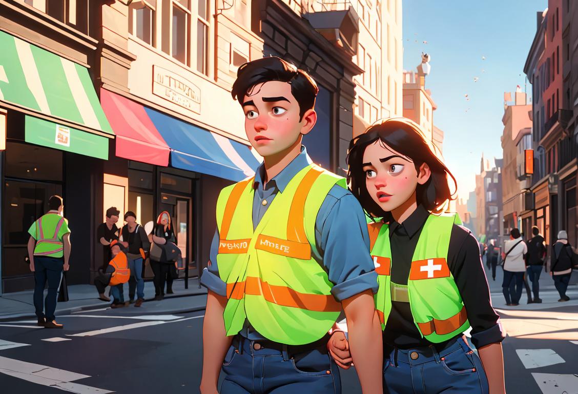 Young adults helping each other, wearing bright safety vests, city street scene, with a touch of patriotism..