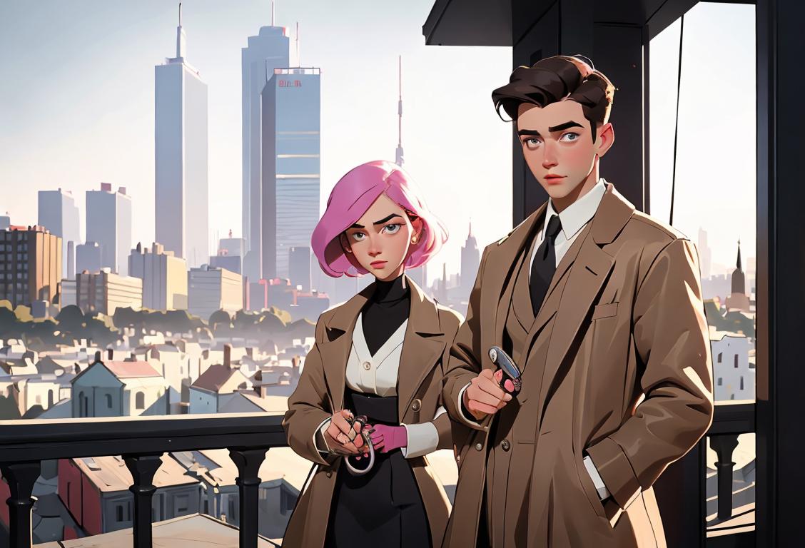 Young man and woman holding a measuring tape, dressed in fashionable clothing, modern cityscape in the background..