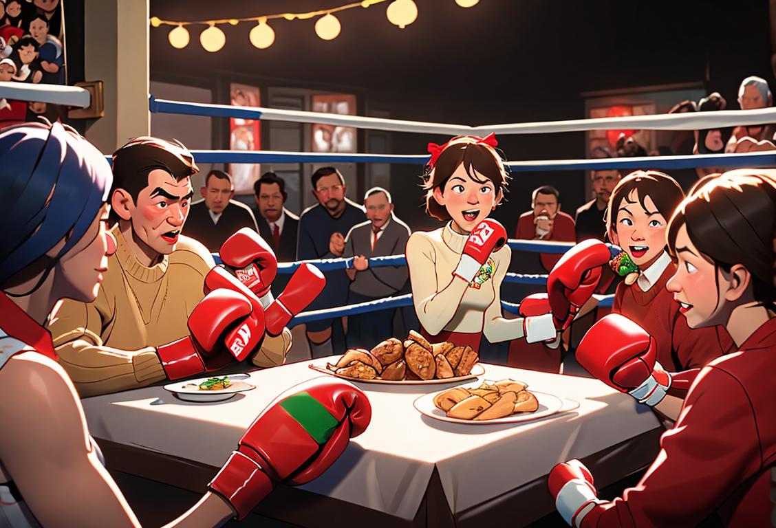 Families gathered around a boxing ring, cheering, enjoying traditional holiday food, wearing cozy sweaters, in a festive, lively atmosphere..