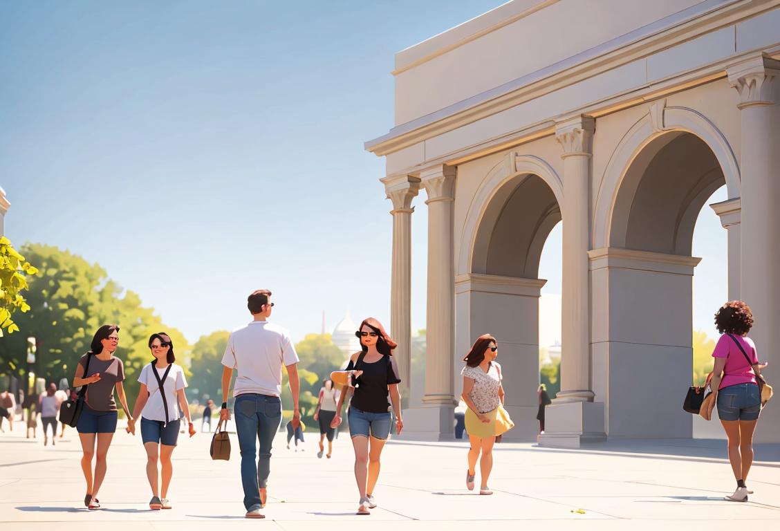 A diverse group of people walking, taking pictures, and enjoying the National Mall, wearing casual attire, sunny outdoor setting..