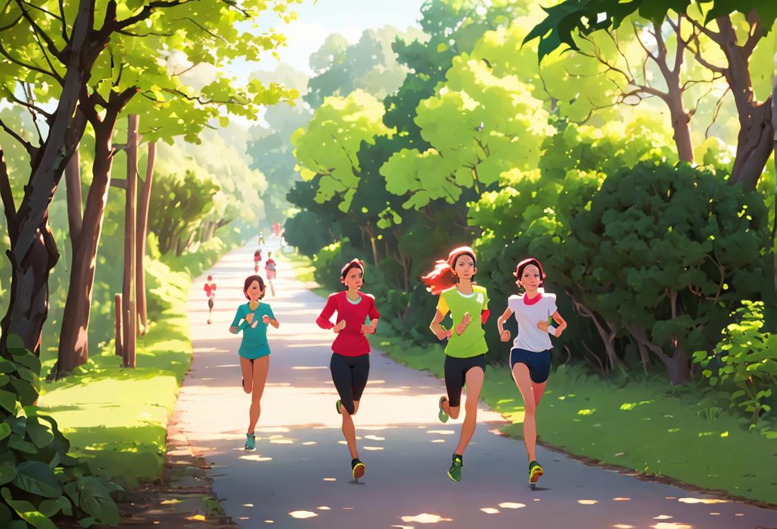 A group of diverse runners in colorful athletic wear, jogging along a scenic trail, surrounded by lush greenery..