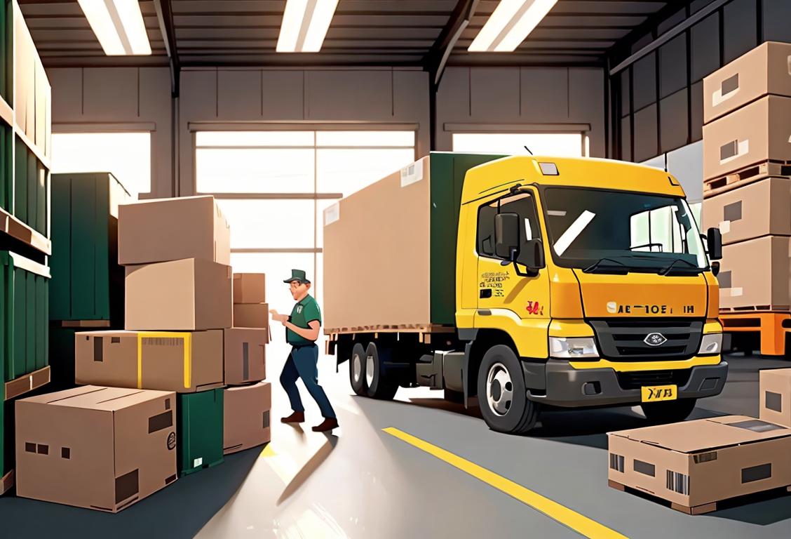 A cheerful group of people in matching uniforms loading boxes onto a delivery truck in a bustling warehouse..