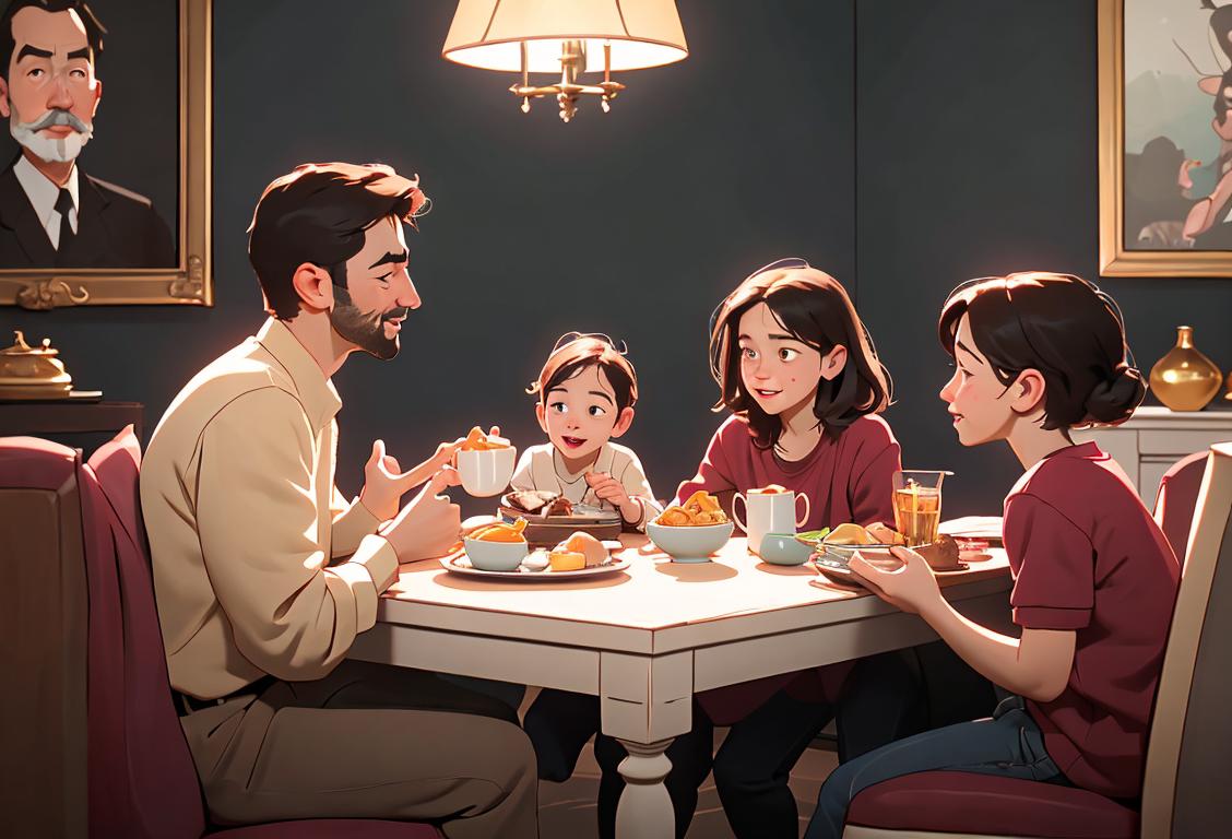 Happy family gathering around a table, enjoying a homemade meal, in a cozy living room setting..