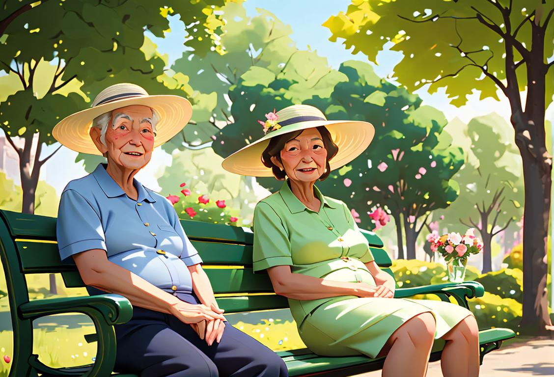 Happy elderly couple sitting on a park bench, wearing matching sun hats, surrounded by lush green trees and beautiful flowers..