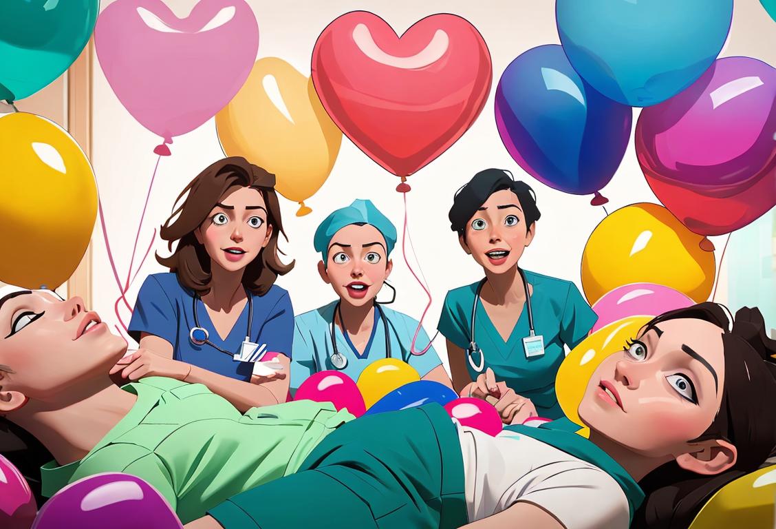 A cheerful group of doctors and nurses surrounded by colorful balloons, wearing scrubs, in a hospital setting..