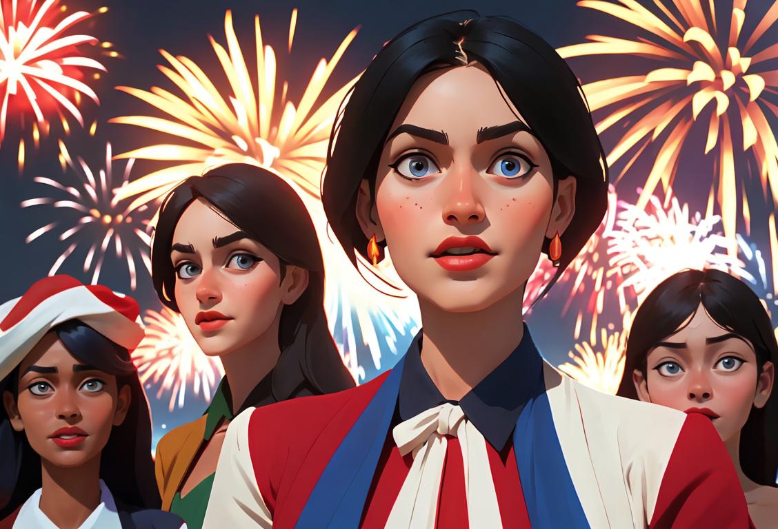Group of diverse people wearing patriotic outfits, posing with fireworks in a lively outdoor celebration, showcasing national pride..