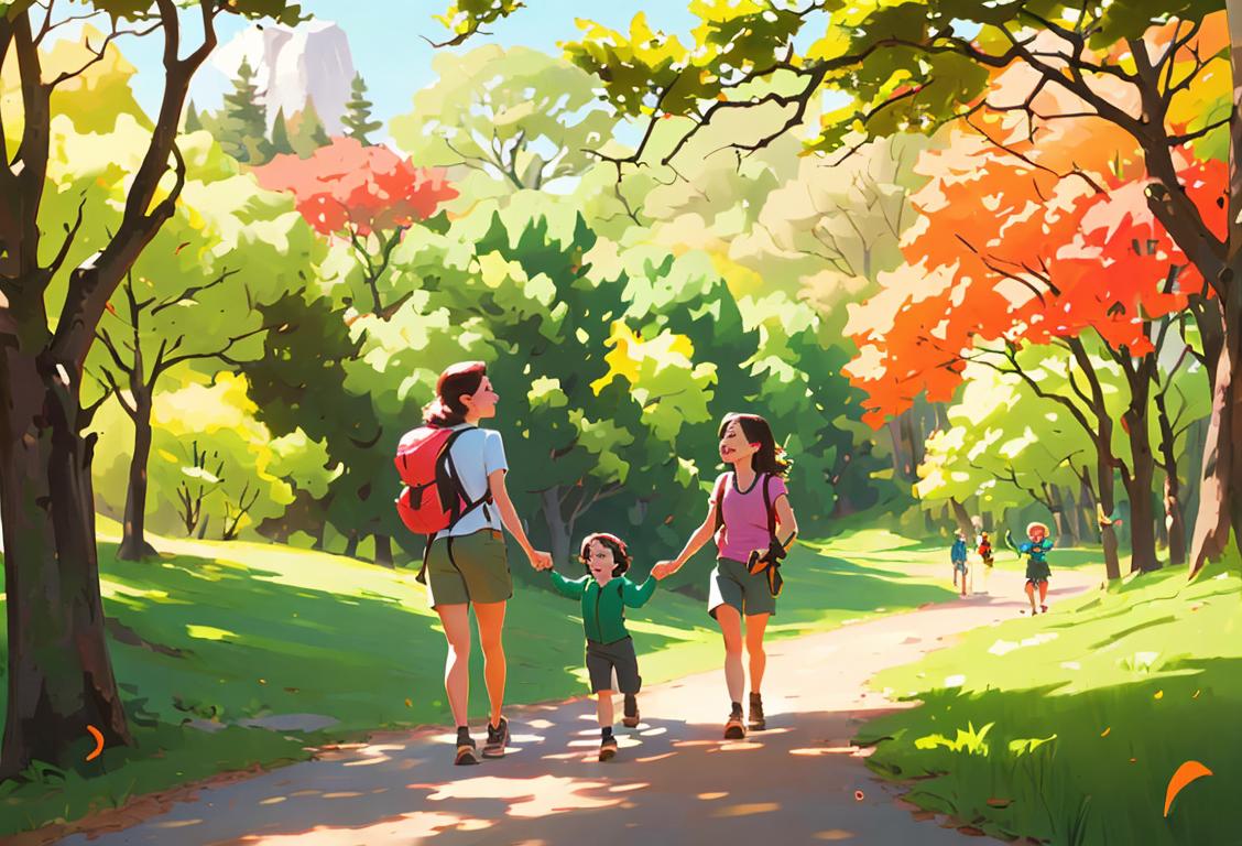 A joyful family hiking in a beautiful national park, wearing colorful outdoor gear, surrounded by lush trees and chirping birds..