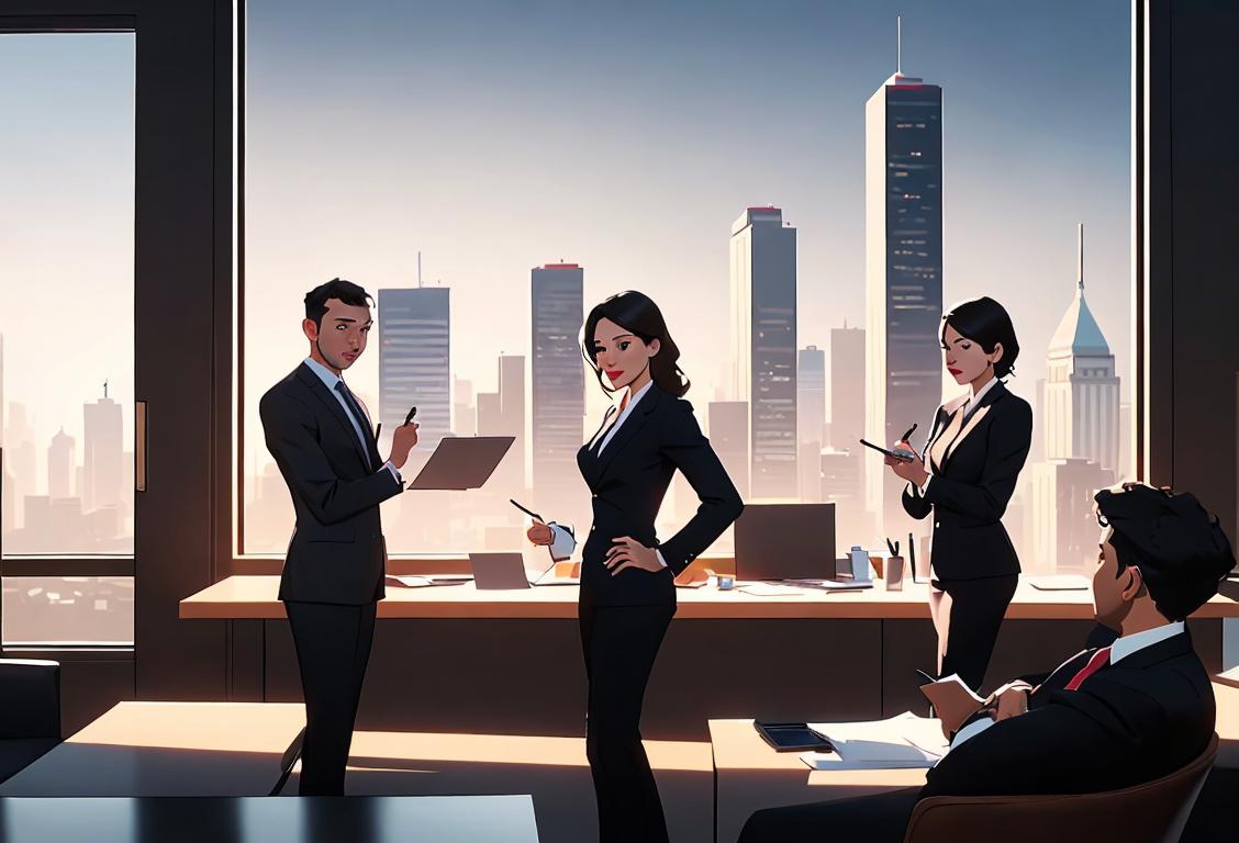 A group of diverse entrepreneurs in business attire, brainstorming ideas in a modern office setting, with a backdrop of city skyline..