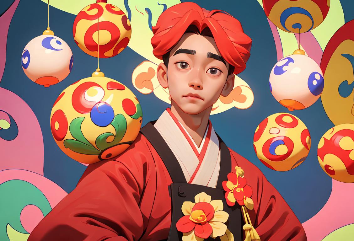 Happy young man named Jungwoo, wearing a traditional Korean hanbok, surrounded by K-pop related decorations and bright colors..