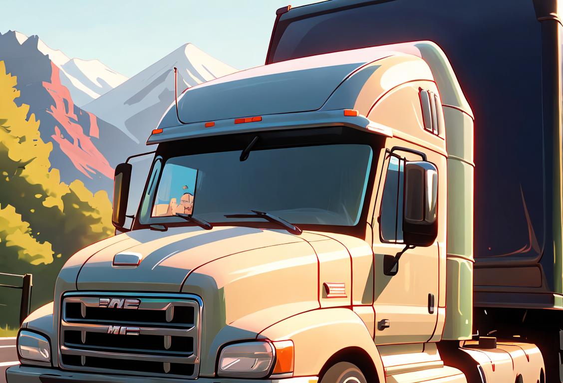 Truck driver leaning out of his window, wearing a trucker hat, classic trucker fashion, with a scenic highway in the background..