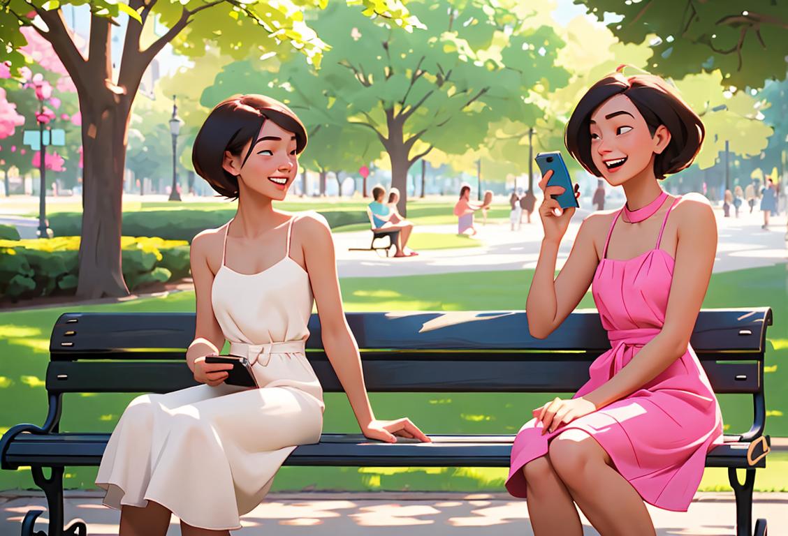 Young couple sitting on a park bench, laughing, surrounded by nature. She in a sundress, he in casual attire, embracing National No Cell Phone Day..