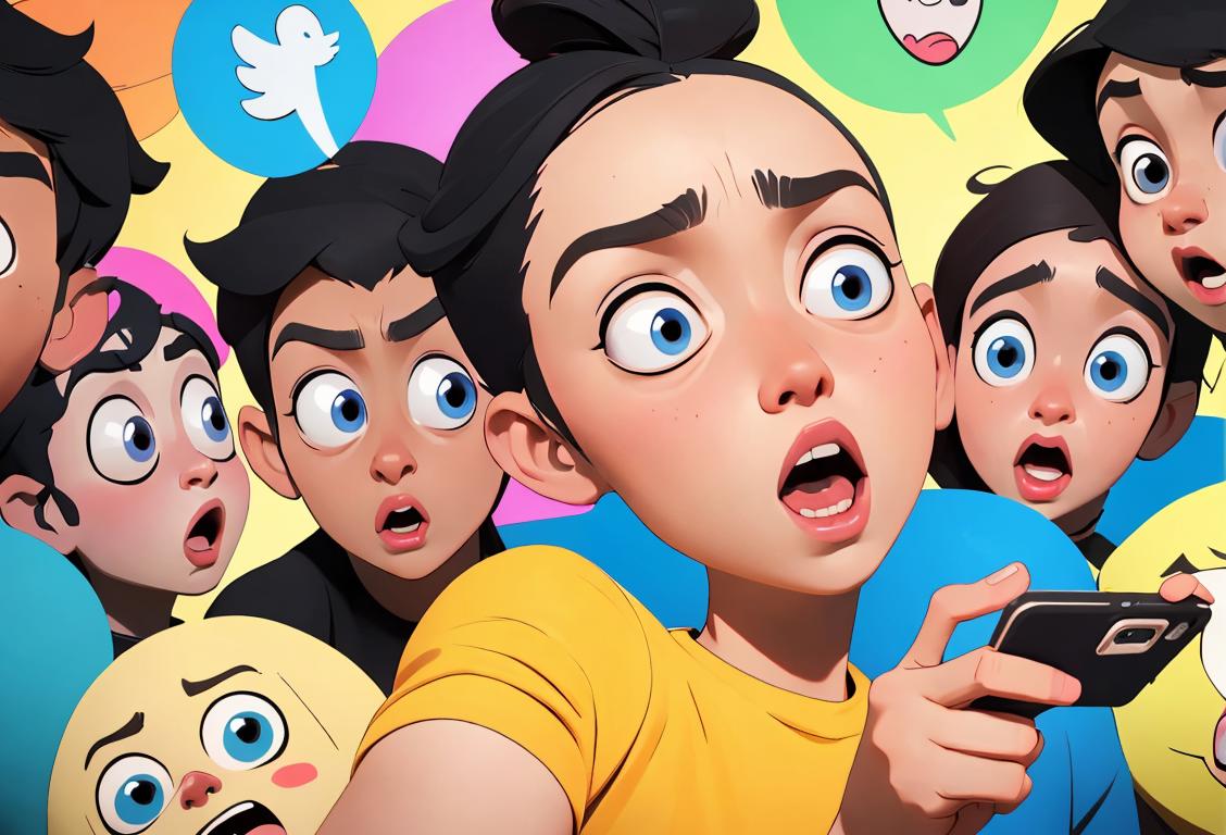 A diverse group of people with shocked expressions, holding their phones, surrounded by colorful speech bubbles and trending hashtags..