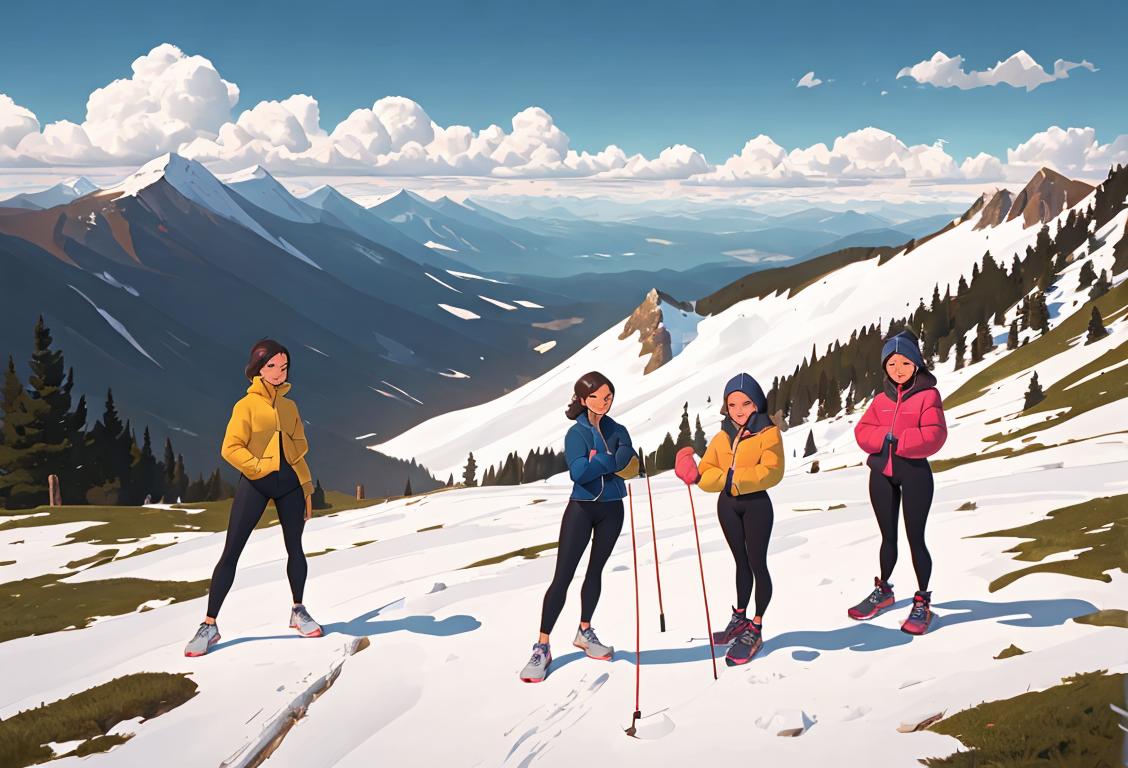 A diverse group of people standing on a mountaintop, wearing athleisure clothing, surrounded by a breathtaking natural scenery..