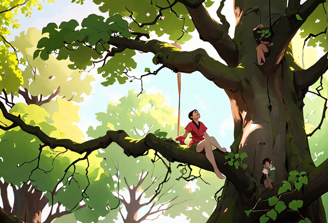 A person in hospital attire climbing a tree, surrounded by lush greenery and sunlight..