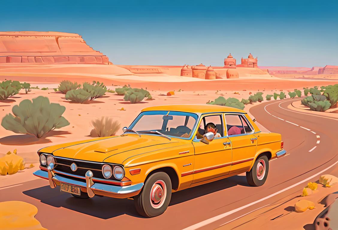 A family in traditional Rajasthani attire driving a car on a scenic National Highway, with vibrant colors and a desert landscape in the background..