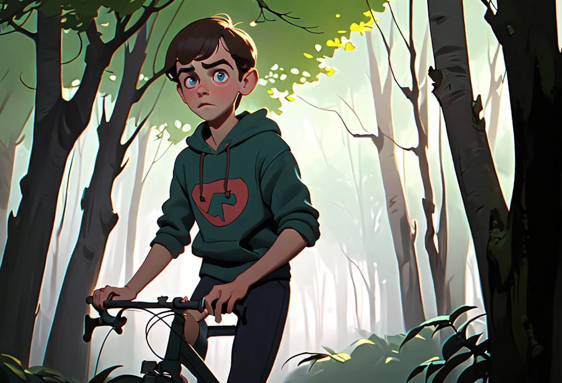 Young boy riding his bike through a dense forest, wearing a hoodie, 80s style fashion, mysterious thick fog..