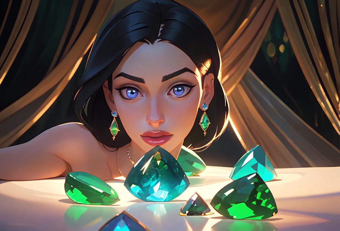 A diverse group of people wearing elegant jewelry, showcasing their unique gemstones, surrounded by shimmering lights and a hint of nature..