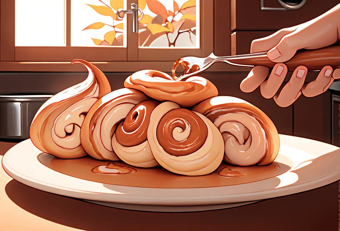 A cozy kitchen scene with a smiling baker sprinkling cinnamon onto freshly baked crescent-shaped pastries, surrounded by warm autumn colors..