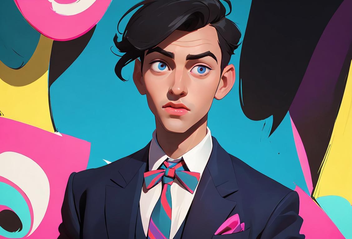 Young man with a stylish tie, posing confidently, urban fashion setting, surrounded by colorful neckties and bow ties..