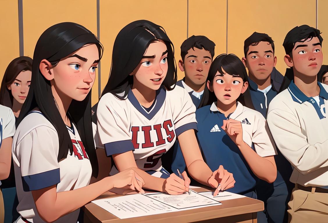 Excited high school athlete signing a letter of intent, wearing their team's jersey, surrounded by cheering family and coaches..