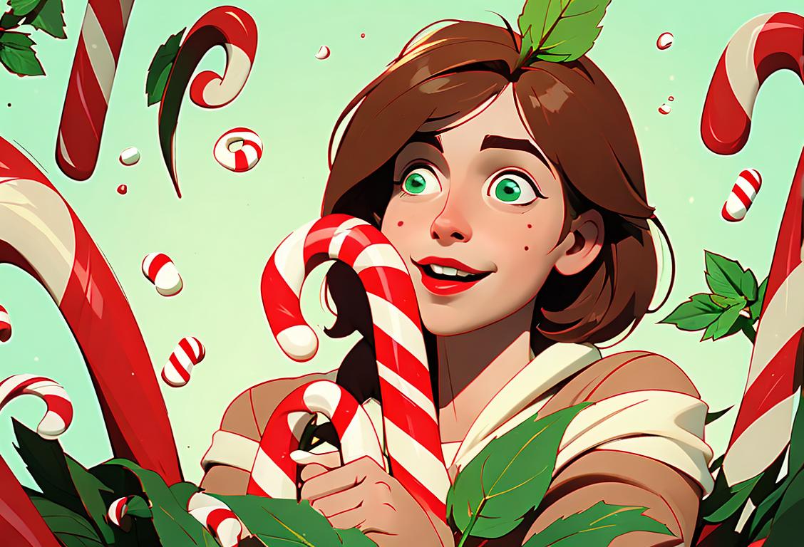 Happy person holding a peppermint patty, surrounded by colorful candy canes and mint leaves, winter wonderland setting..