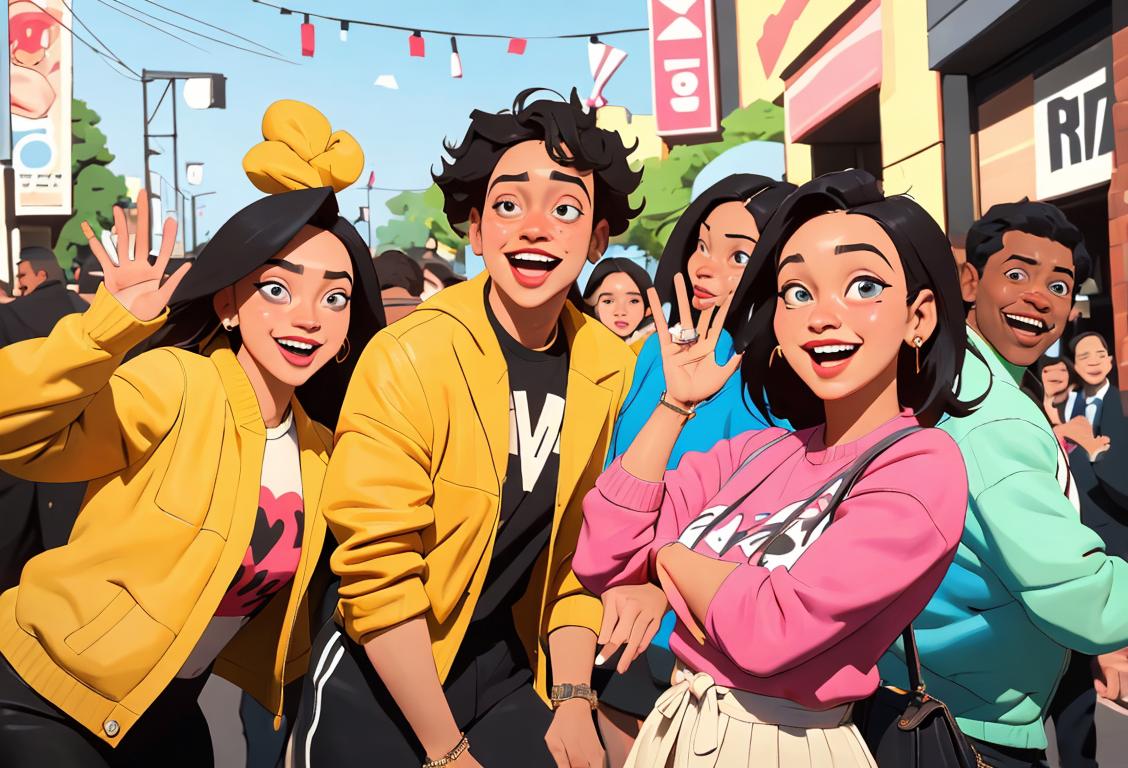 Group of diverse individuals having a wholesome time, dressed in trendy attire, dynamic urban setting, exuding joy and celebration..