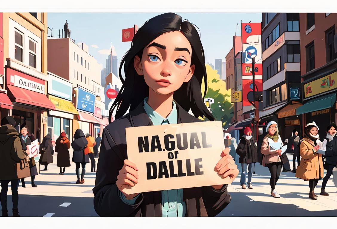 Young person holding a sign that says 'National Issue Day' with diverse group of people in the background, various clothing styles and urban city setting..