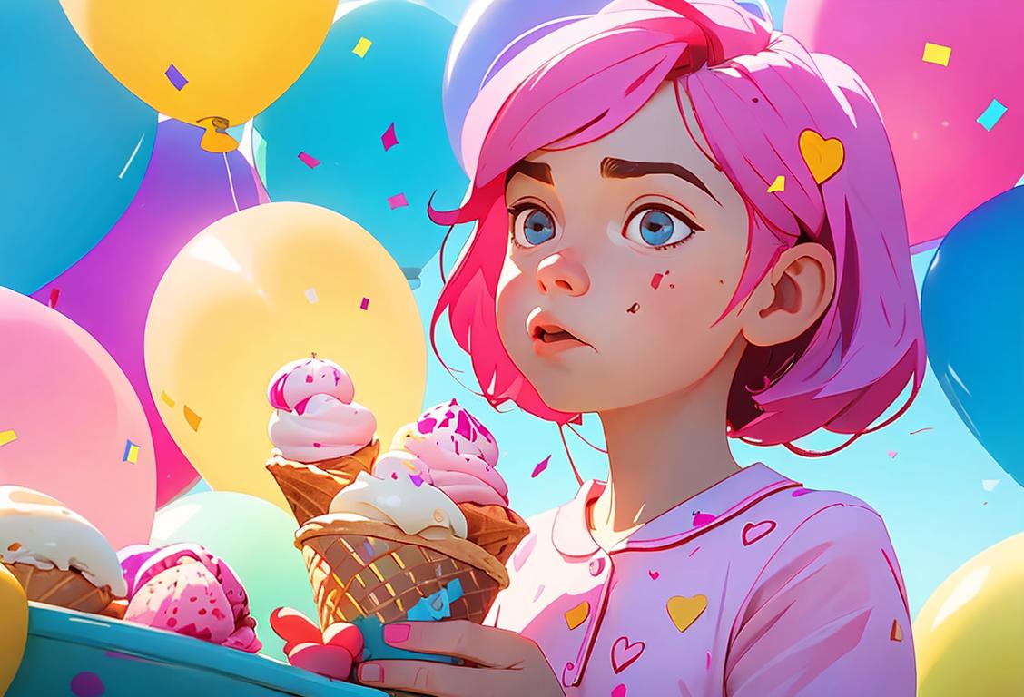 Child enjoying a bowl of ice cream for breakfast, wearing pajamas, surrounded by colorful balloons and confetti..