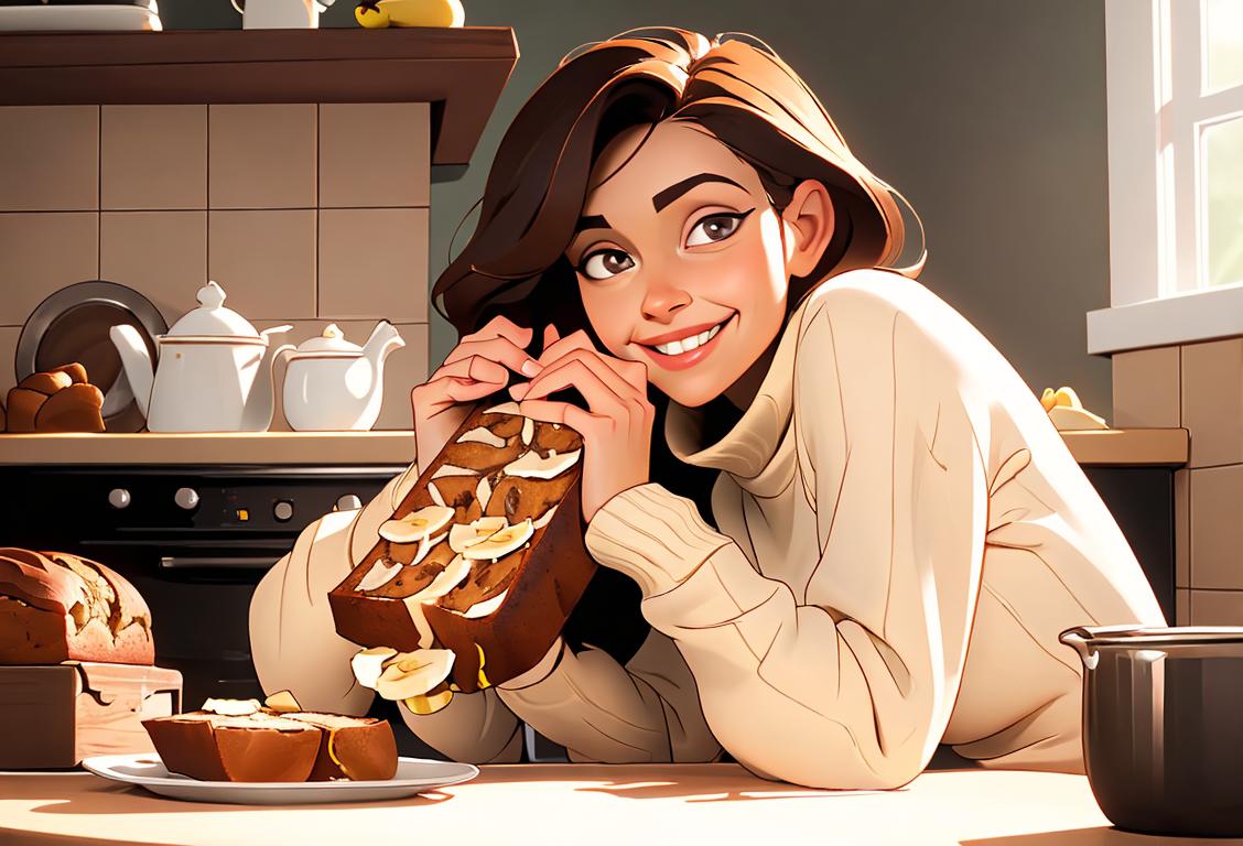 A smiling woman wearing a cozy sweater, enjoying a slice of warm, homemade banana bread in a cozy kitchen setting..