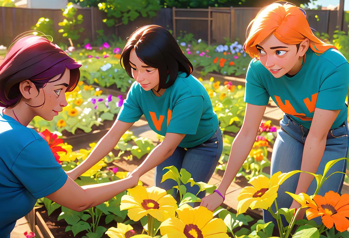 A diverse group of volunteers wearing bright t-shirts, helping in a community garden, surrounded by colorful flowers and vegetables..