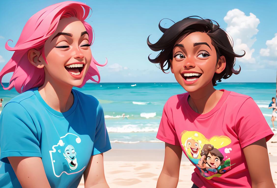 Young adults sharing laughter while wearing matching t-shirts, beach background, vibrant colors, National partners and advocates for a Day..