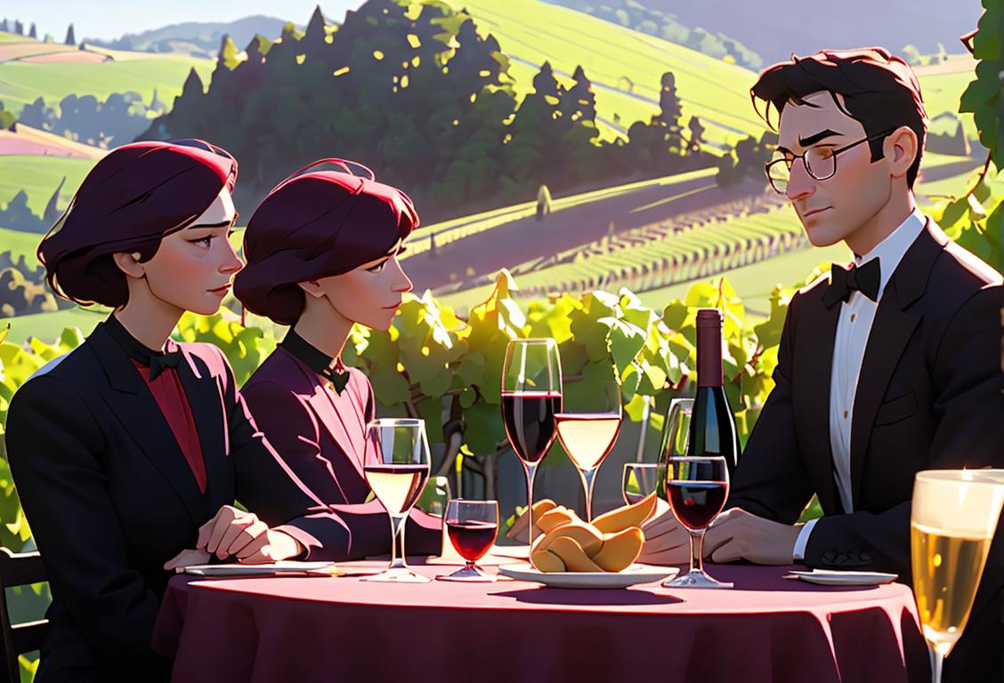 A group of wine enthusiasts clinking glasses, wearing elegant attire, in a scenic vineyard setting..