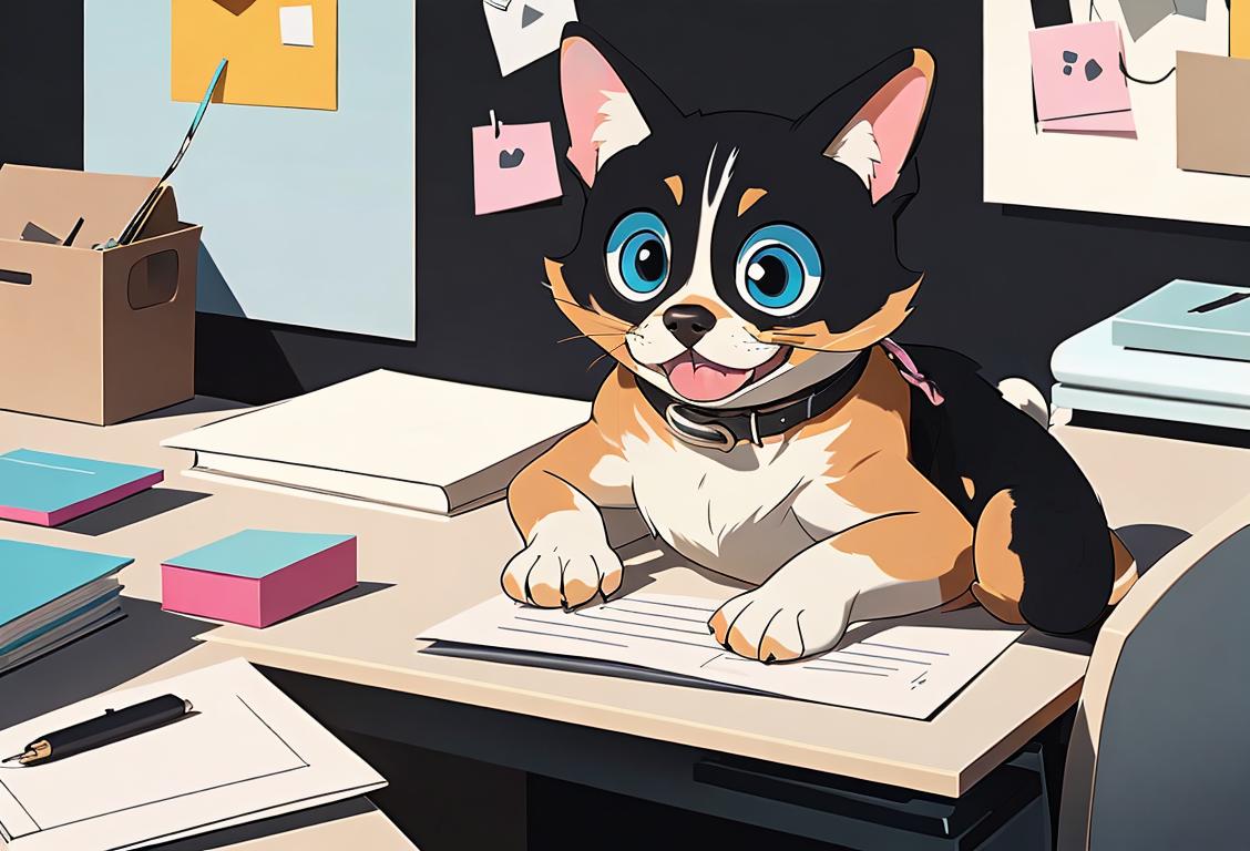 Young professional holding a leash, sitting at a desk, surrounded by office supplies. Smart attire, modern office setting, happy expressions..