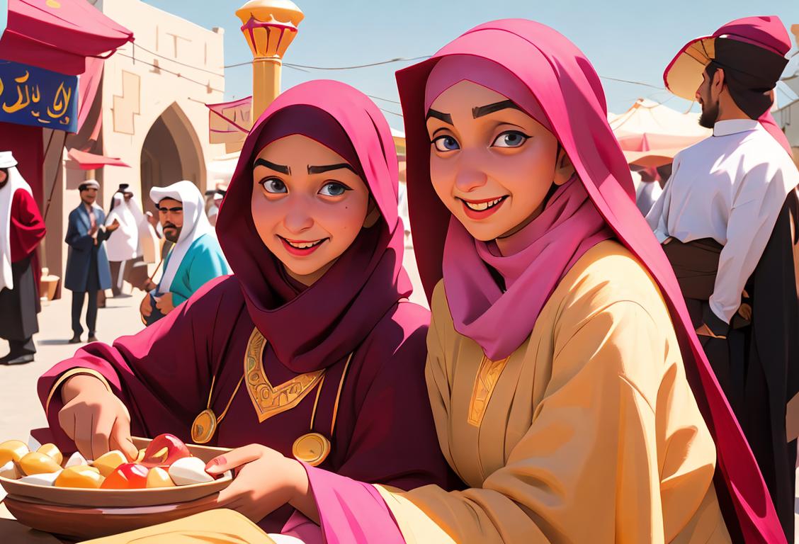 Happy people in traditional Qatari clothing, enjoying a street festival, vibrant colors, traditional music playing in the background..