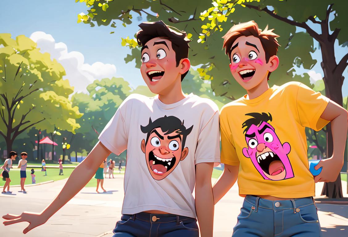 Two friends pulling a hilarious prank on each other, wearing matching t-shirts, in a park surrounded by laughing people..
