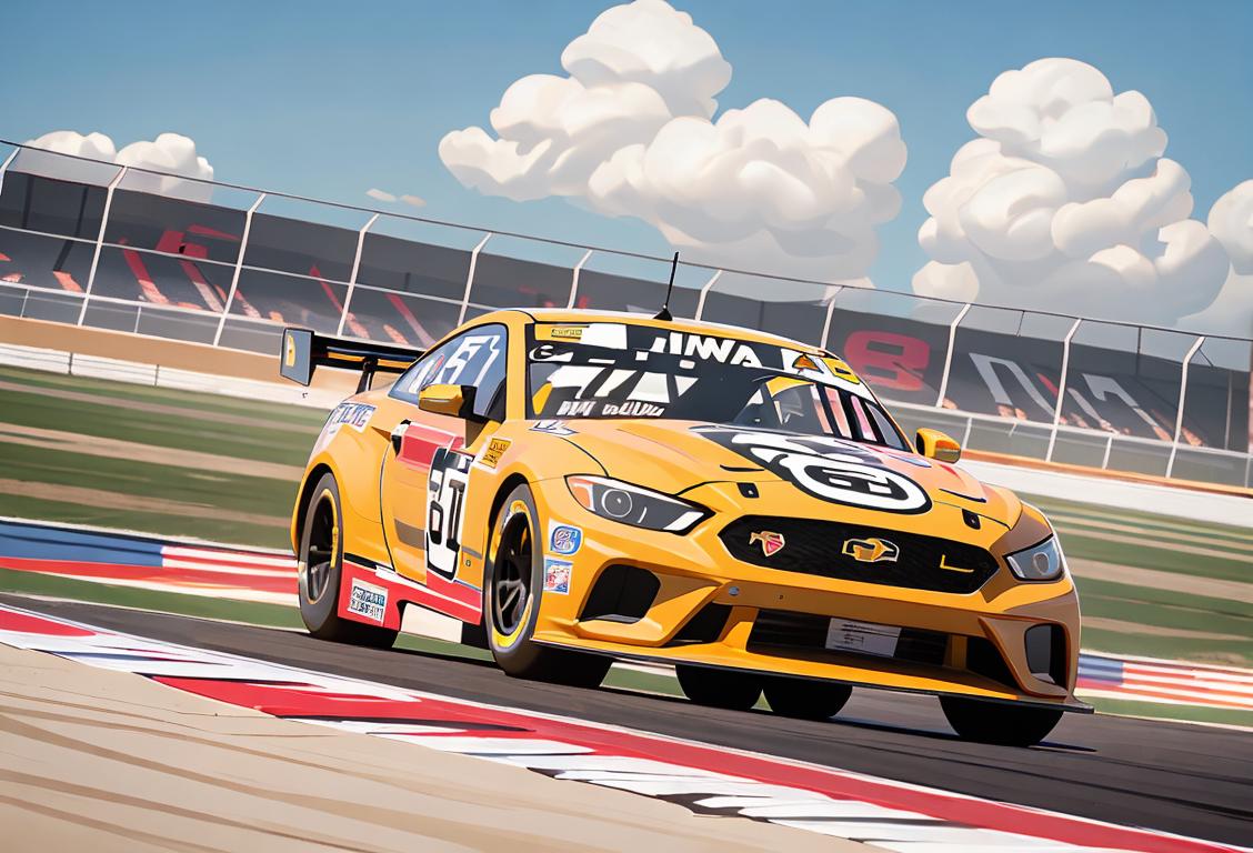 Exciting race car driver in branded suit on a high-speed track, surrounded by cheering fans, capturing the adrenaline-filled atmosphere of National Iowa Speedway Day..