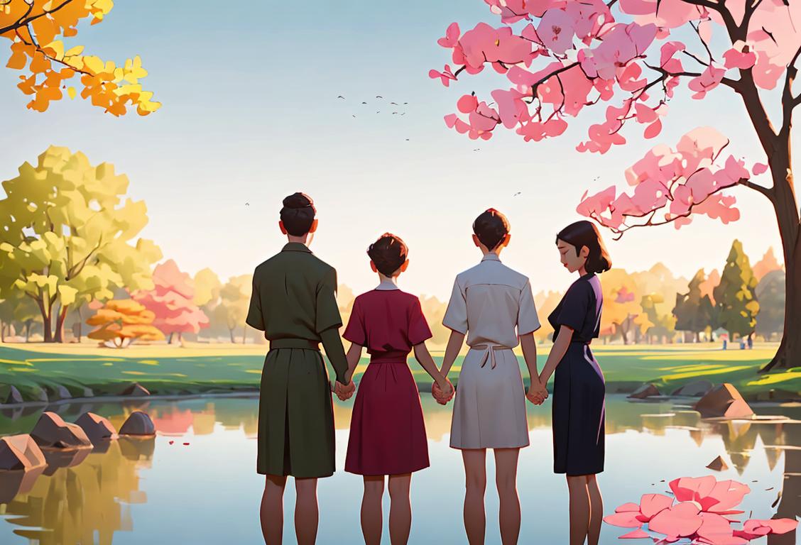 Group of diverse individuals holding hands in a serene outdoor setting, dressed in casual attire, sharing a moment of prayer and reflection..