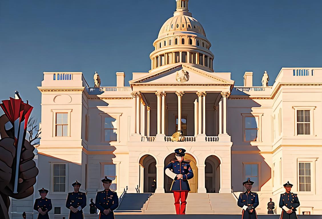 National Guardsmen in ceremonial uniforms, standing in front of the U.S. Capitol building, American flags waving in the background..