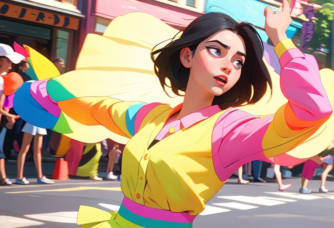 Young woman with colorful clothes, dancing in an energetic street parade, celebrating National Orientation Day..