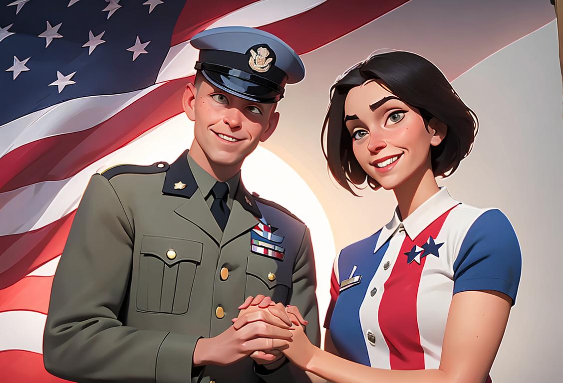 A smiling military spouse wearing a patriotic shirt, holding hands with their partner in uniform, with an American flag in the background..